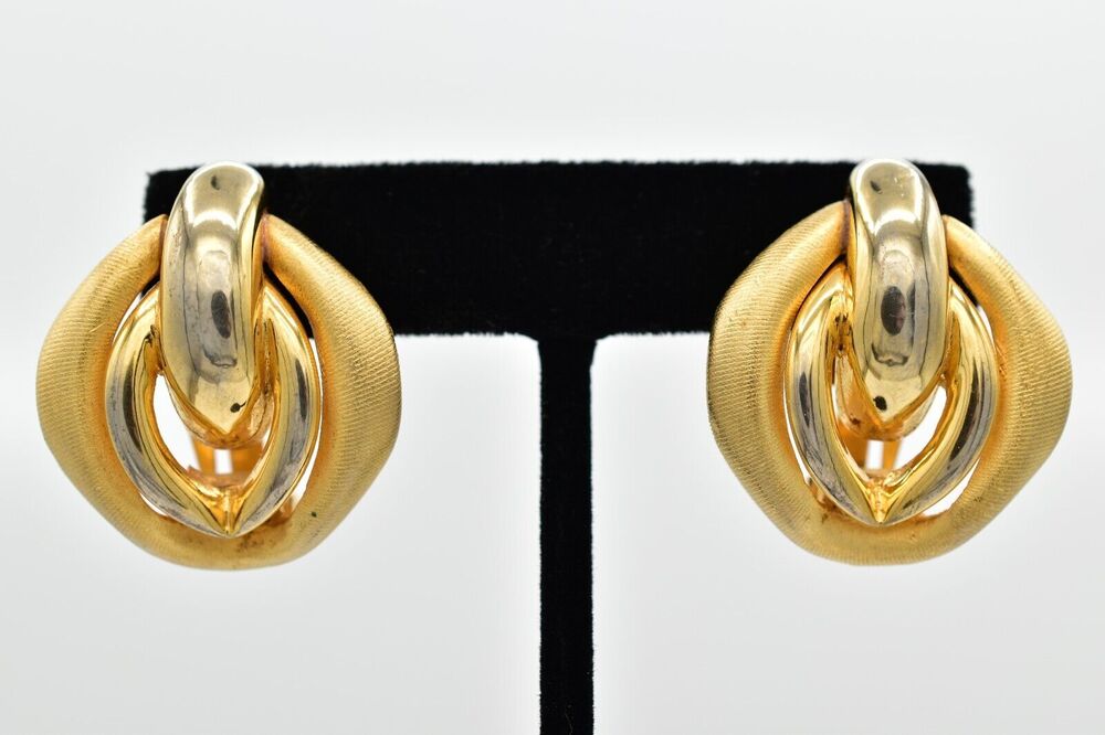 Erwin Pearl Vintage Clip On Earrings Brushed Gold Shiny Chunky PEP Signed BinBF